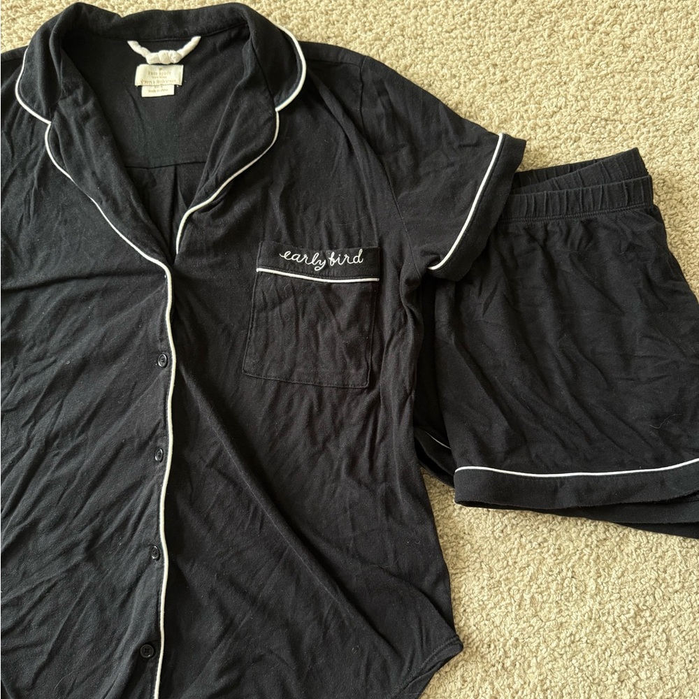 Kate Spade “Early Bird” Short Sleeve Black Pajama Set with White Trim